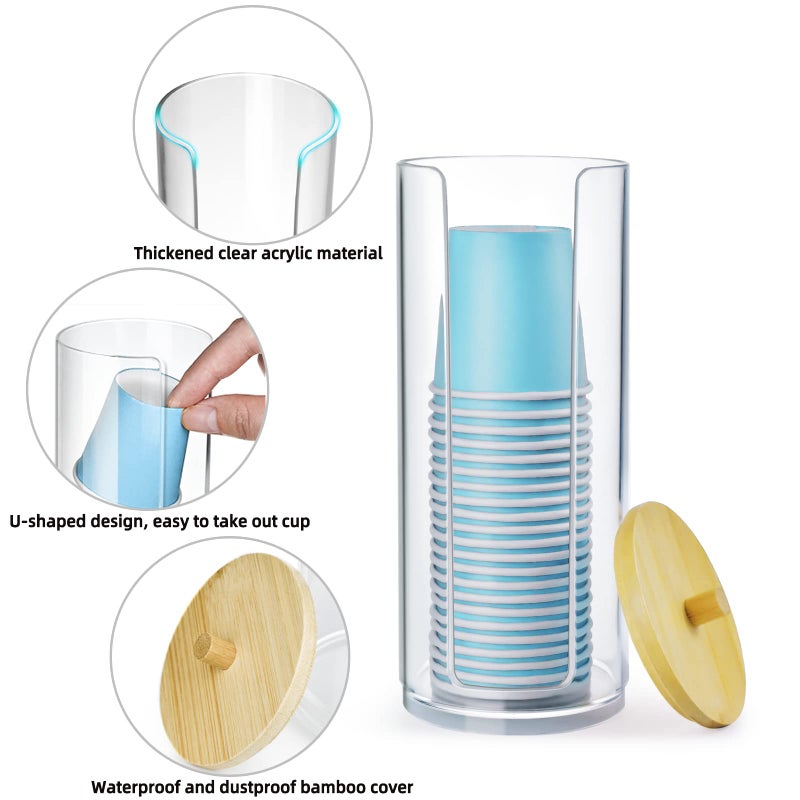 IWNTWY Bathroom Cup Dispenser, Mouthwash Cups Holder Fit 3oz Disposable Paper Cup, Clear Acrylic Canister Cotton Round Pad Holder Makeup Organizer with Lid for Vanity Countertops - Image 3